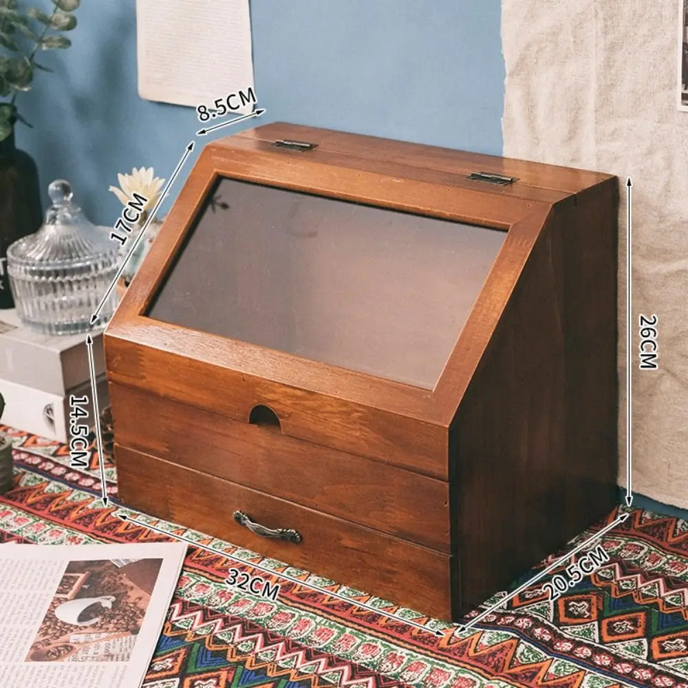 Vintage Wood Drawer Storage Box Glass Baffles Dust-proof Jewelry Storage Organizer Removable Multi-purpose