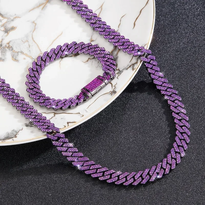 12MM Rhombus Prong Cuban Link Chain 2Row Purple Iced Out Rhinestones Rapper Necklaces Bracelet For Men Women Choker Jewelry