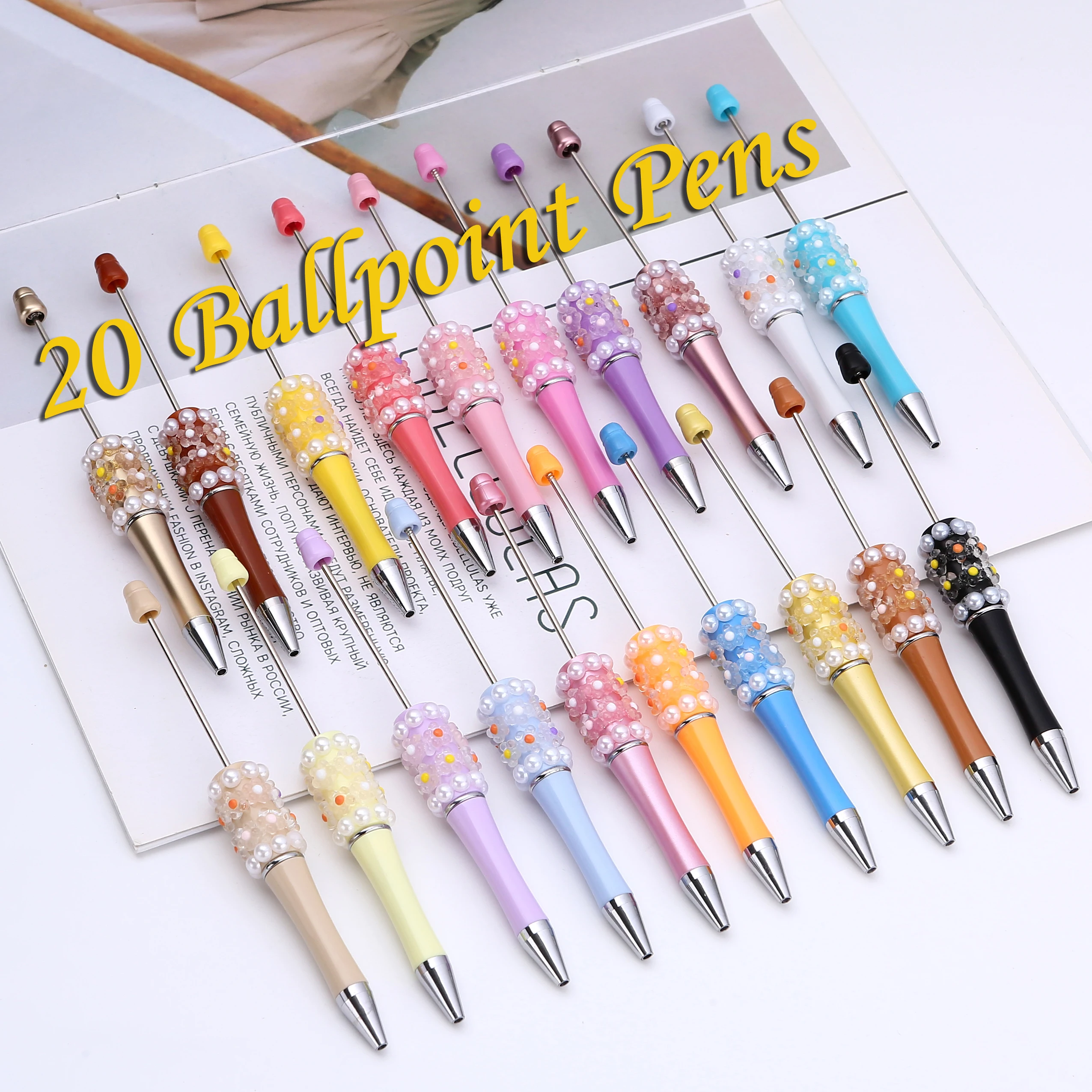 20Pcs Newest Colour Creative Plastic Beaded Pen Flower Pearl Beaded Pen DIY Gift for Student Office Supplies