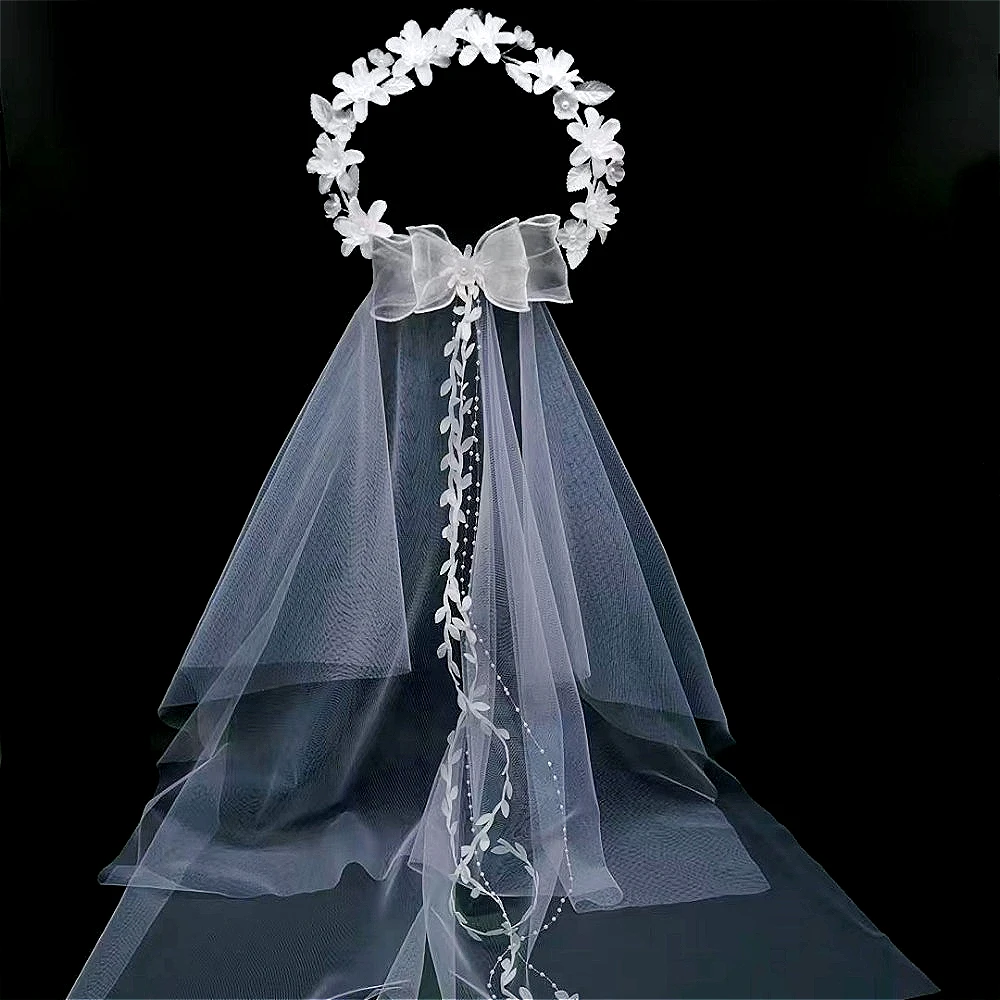 Voile de mariage deux couches voiles de mariée accessoires élégant décoratif rotin avec rangée coiffure florale voile épaule voiles de mariée