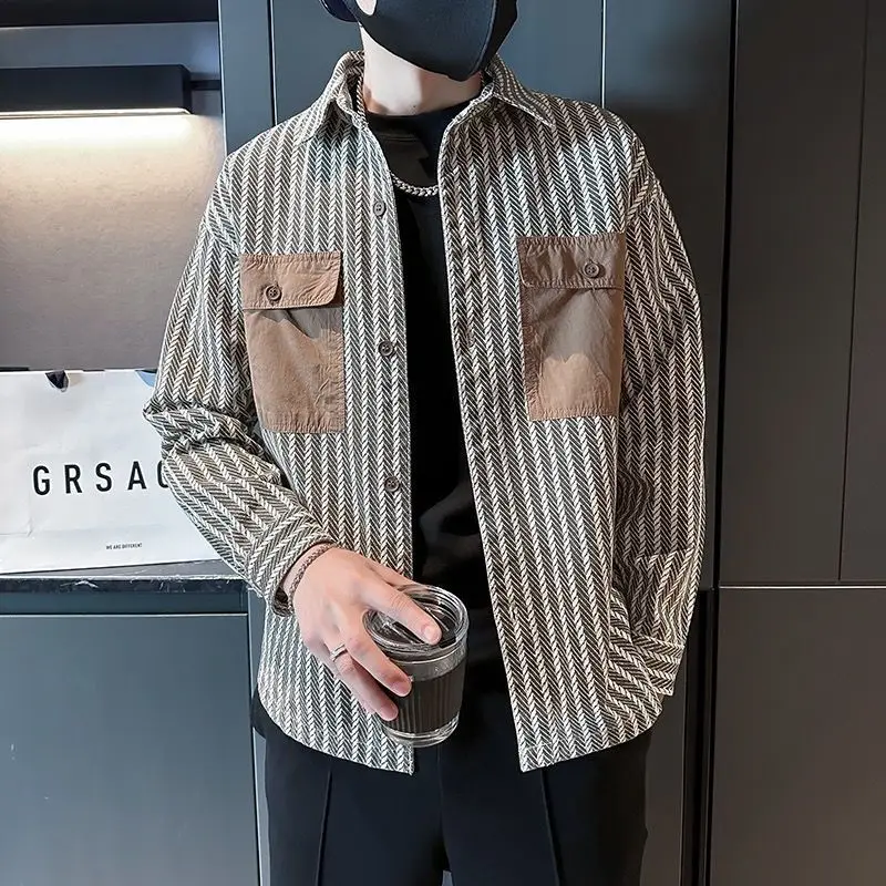 

Полосатая куртка в стиле ретро, мужская весенне-осенняя свободная куртка с контрастными карманами