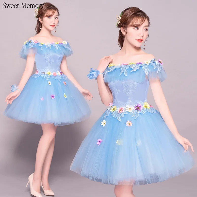 

M5132 Boat Neck Costume Dress Flowers Stage Colorful Gauze Evening Art Test Performance Short Graduation Dresses Blue White