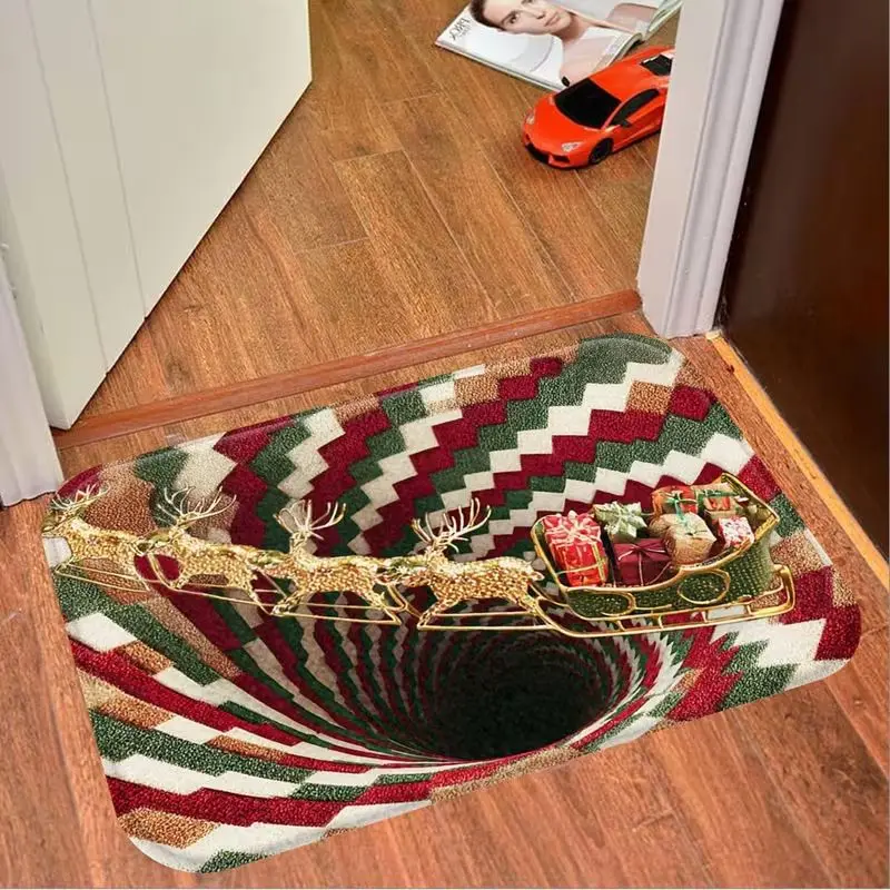 VIKAMA 3D Christmas Door Mat Santa Sleigh Print Anti Slip Entrance Rug for Front Door Home Holiday Welcome Decor Festive