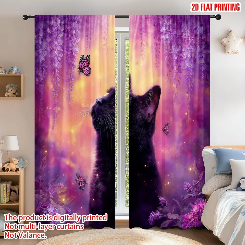 

2D flat printing 2pcs Curtain Drapes Enchanted Cat and Butterflies Digital Printed Polyester Drapes Holiday Decorations for
