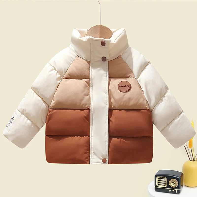 Baby Boys Jacket Autumn Winter New Thick Patchwork Stand Collar Coats For 3 4 5 6 8 Years Girls Keep Warm Cotton Down Snowsuit