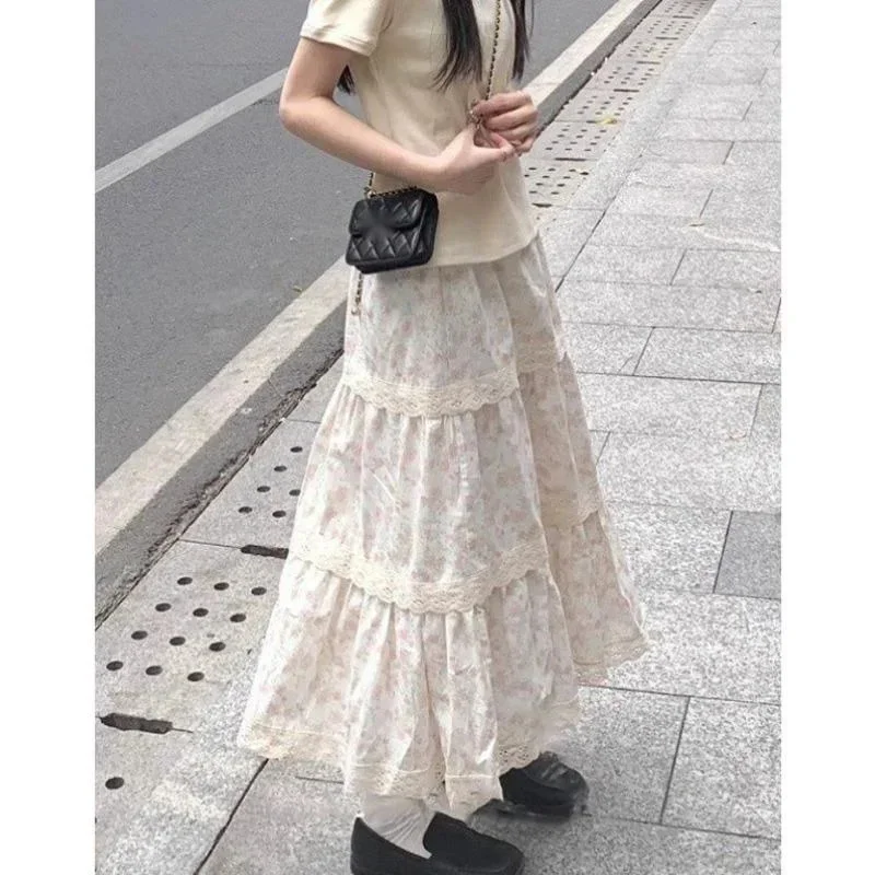 Cake Floral Skirt Lace Dress Girl 2024 Japan Korea Kawaii Sweet Wrinkl Lace A-line Skirt High Street Waist Mid Length Dress New