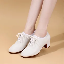 Sapatos de dança latinos em malha para mulheres, solas de borracha, salto médio-alto, branco, quadrado, sapatos para professores, 3,5, 5,5 cm