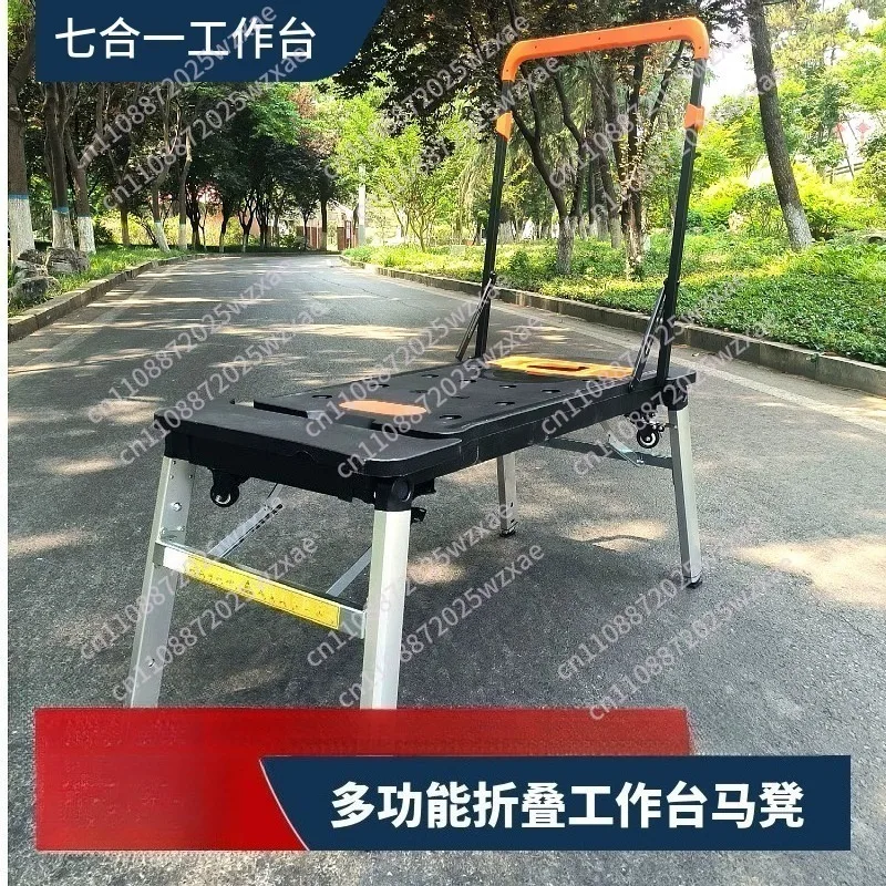 7 In 1 Portable Workbench, Multifunctional Folding Work Table, Sawhorse, Scaffolding, Hand Truck, Car Creepe Mobile Platform