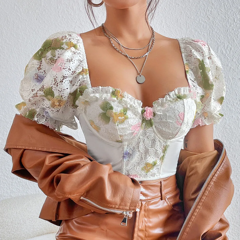 ISAROSE Summer Lace T-shirt for Women Floral Hollow Out Puff Sleeves Stretch Braless Low Cut Crop Tops Casual Backless Clothing