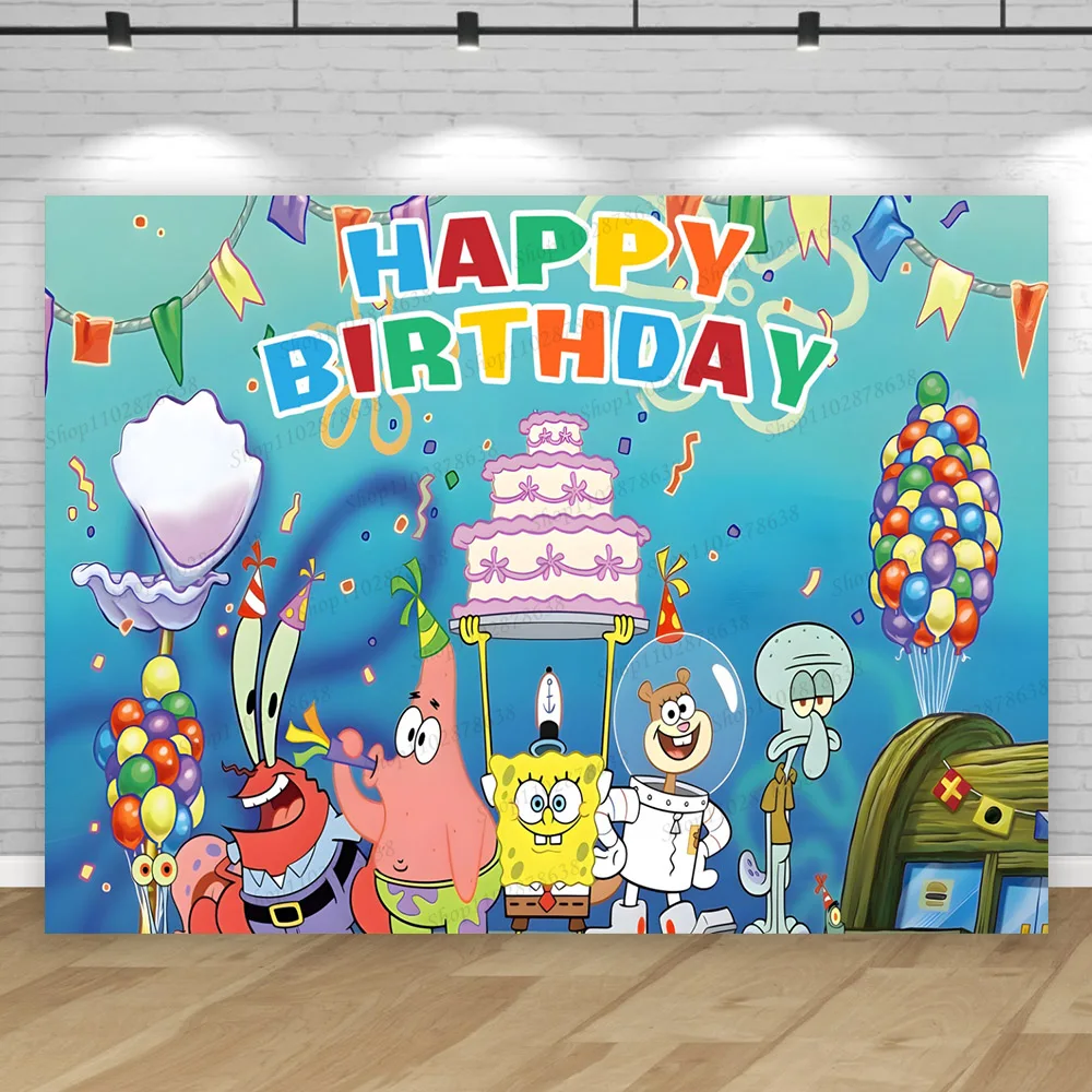 Sponge-Bob Party Backdrop Panel Photography Boy Kids Birthday Decoration Party Background Patrick Star Photo Banner Decor Gift