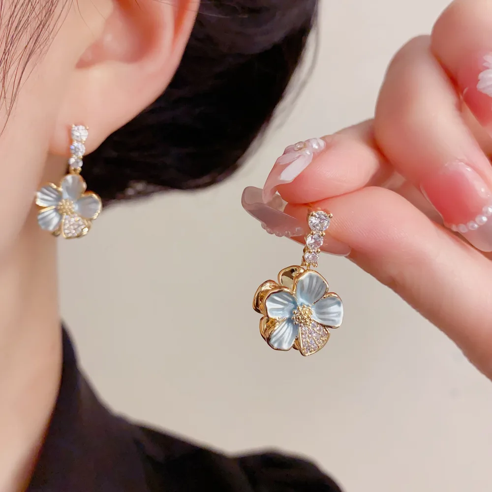 Zircon double-sided thin-coated flower earrings temperament fashion light luxury versatile earrings
