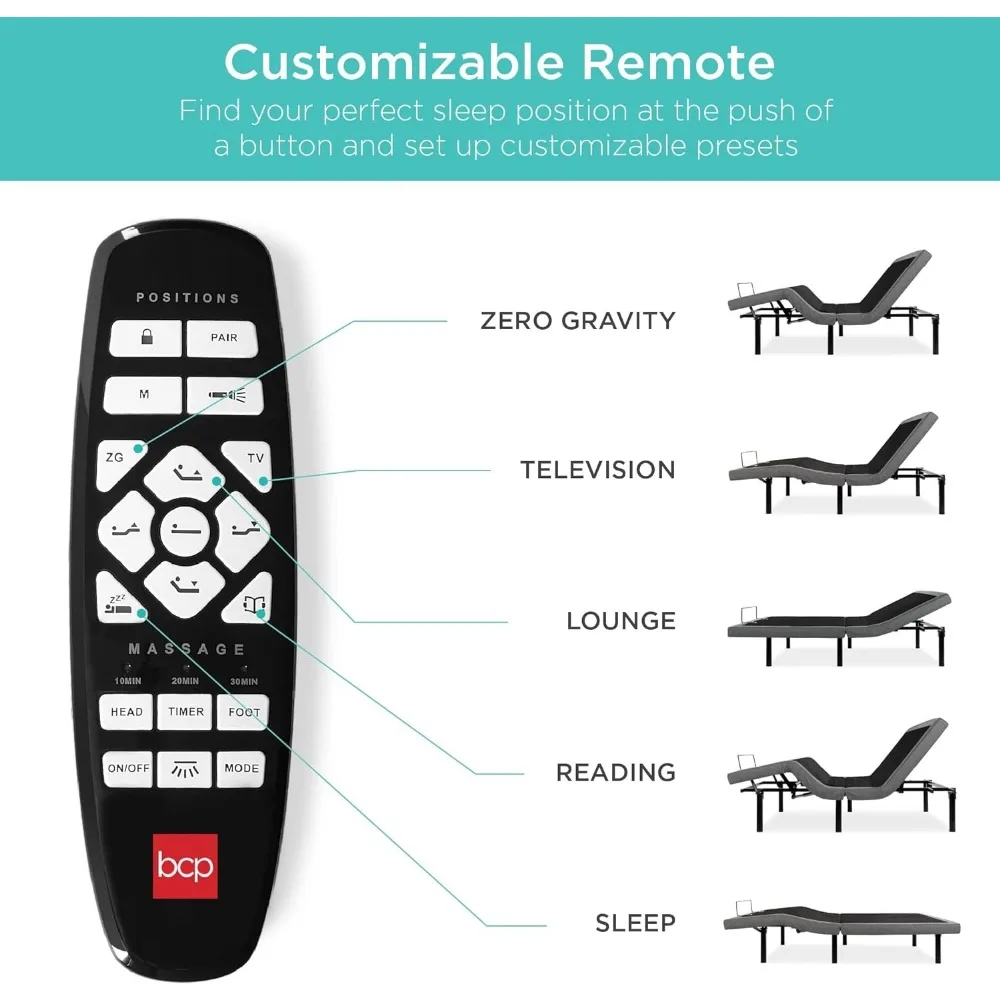 Products Ergonomic Queen Size Adjustable Bed, Wireless Remote Control, Massage, Under-Bed Nightlight, and USB Ports