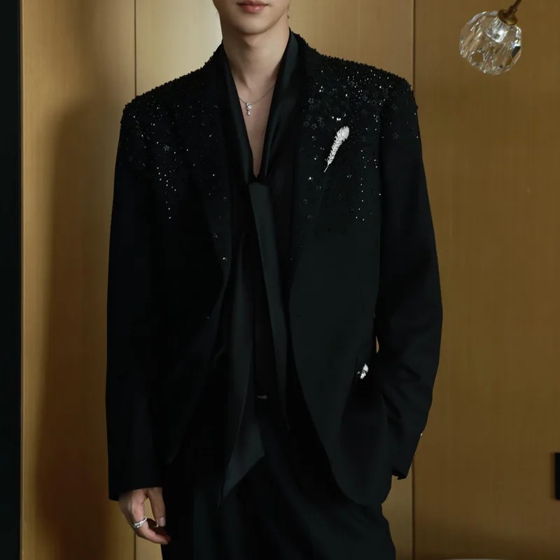 WVGA Spring Autumn New Man Heavy Starry Sky Diamond Trendy Blazer Niche Chic Casual Straight Suit Pants Two Piece Set Ins W15264