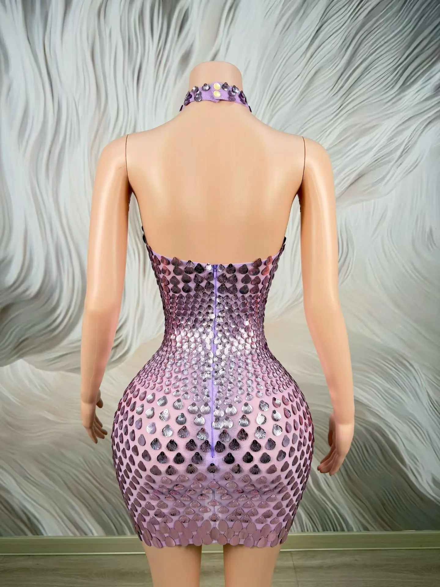 Shanbei Luxury Gradient Purple 3D Shell Sequin Mesh Dress Halter Neck Sleeveless Mini Bodycon Club Evening Costume