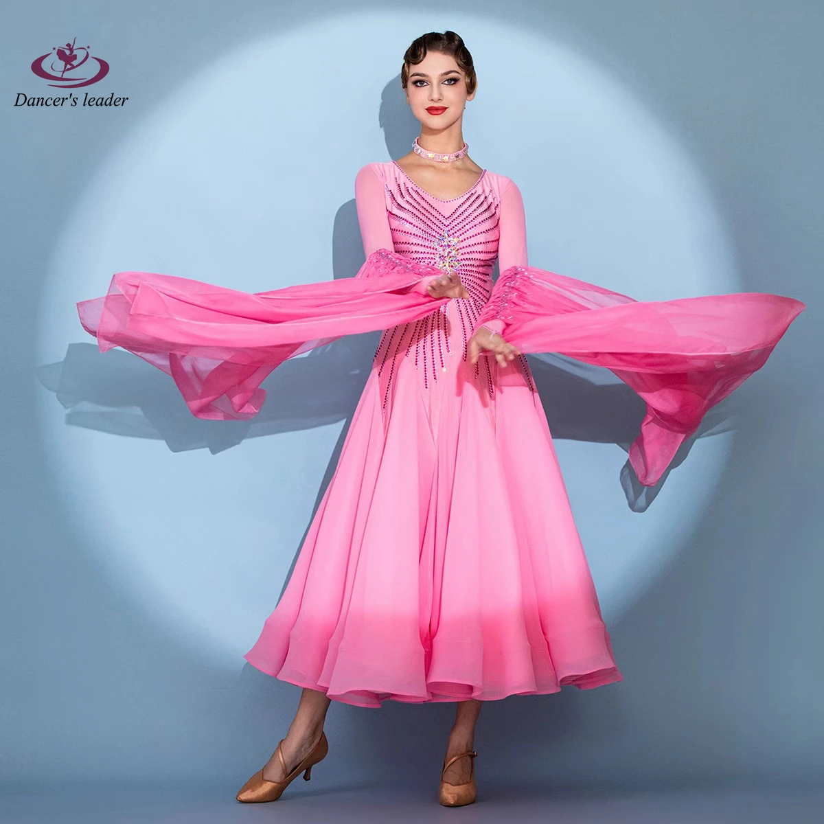 

Latin Dance Diamond Female Adult Children High end Customized Pink Modern Drifting Sleeve Waltz Performance High Flash Dress