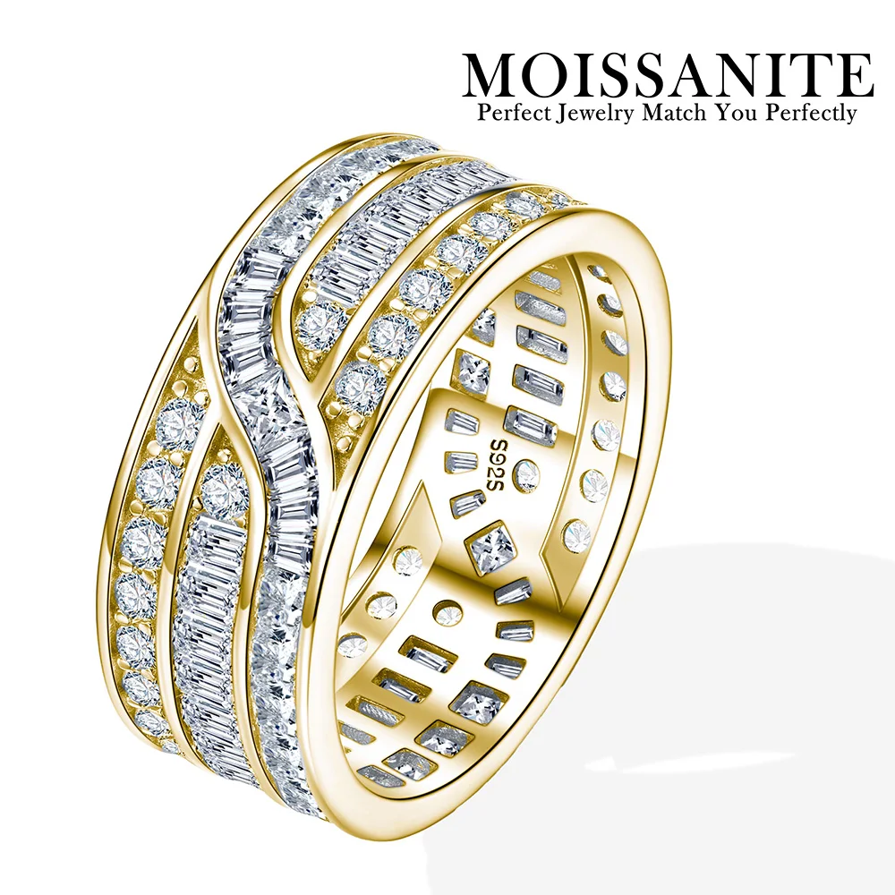 

1.9CTW Moissanite Ring 925 Sterling Silver 18K Gold Plated Wave Baguette and Round Cut Full Pave Style Comes with GRA Certificat