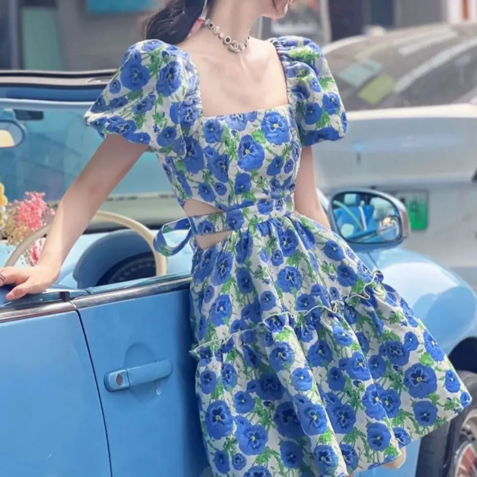 

Floral Dress Blue Print Hollow Out Bandage Bow Puff Sleeve Square Neck A Line Mini Dresses Women Sweet Korean Vintage Dress