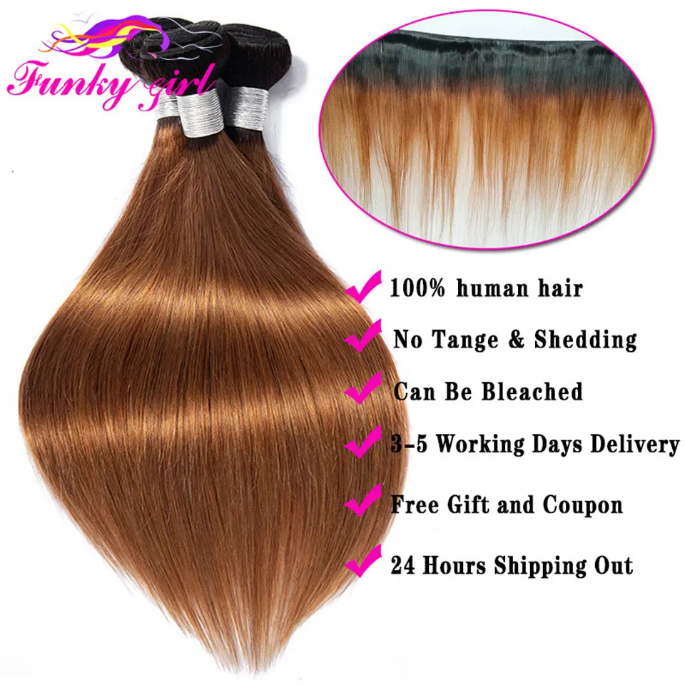 Highlight Bundles With Closure Brazilian Human Hair Ombre Straight Bundle With Frontal 1B/30 Brown Color Remy Hair Weave Bundles