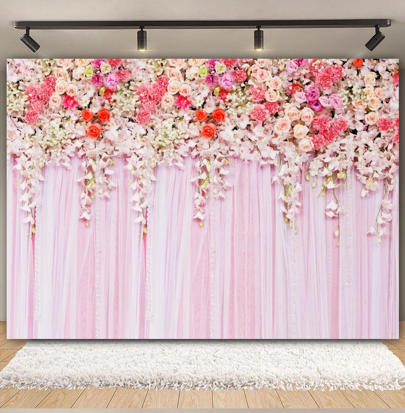 Flower Curtain Wedding Scene Backdrop Floral Wall Bridal Shower Engagement Ceremony Birthday Photography Background Photo Studio