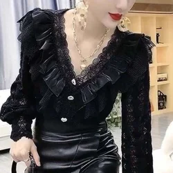 Fashion Spliced Lace Hollow Out Ruffles Blouses Women's Clothing 2023 Autumn New Loose All-match Pullovers Office Lady Shirts