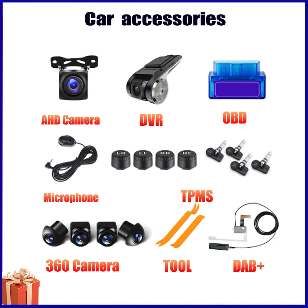 Car Radio For AHD Rear View Camera USB Tools Micphone DVR 360 Camera TPMS OBD