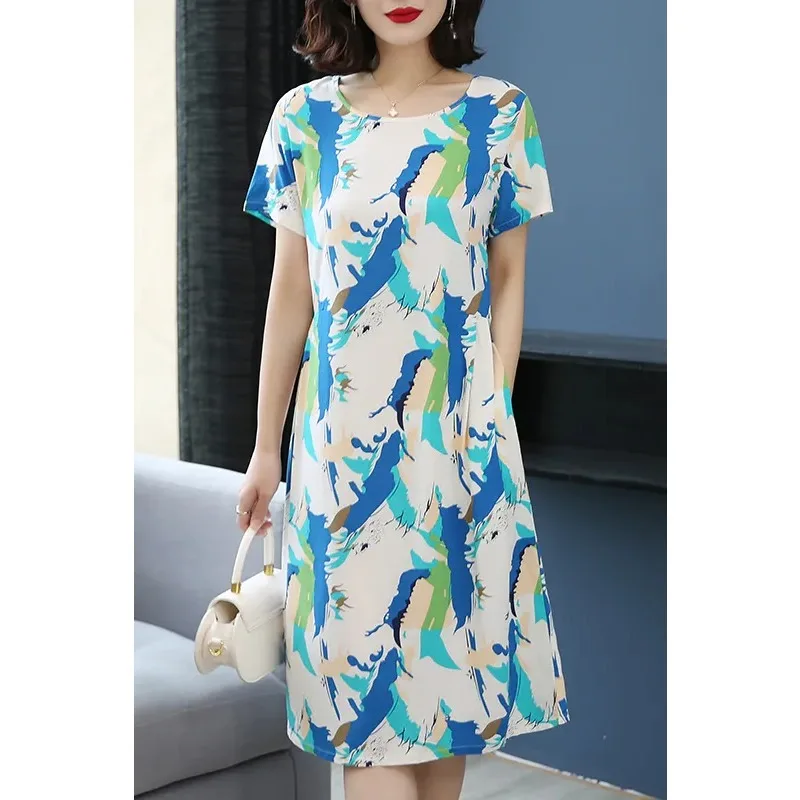 Women Cotton Print Dress Loose Short Sleeve Casual Summer Midi Dress