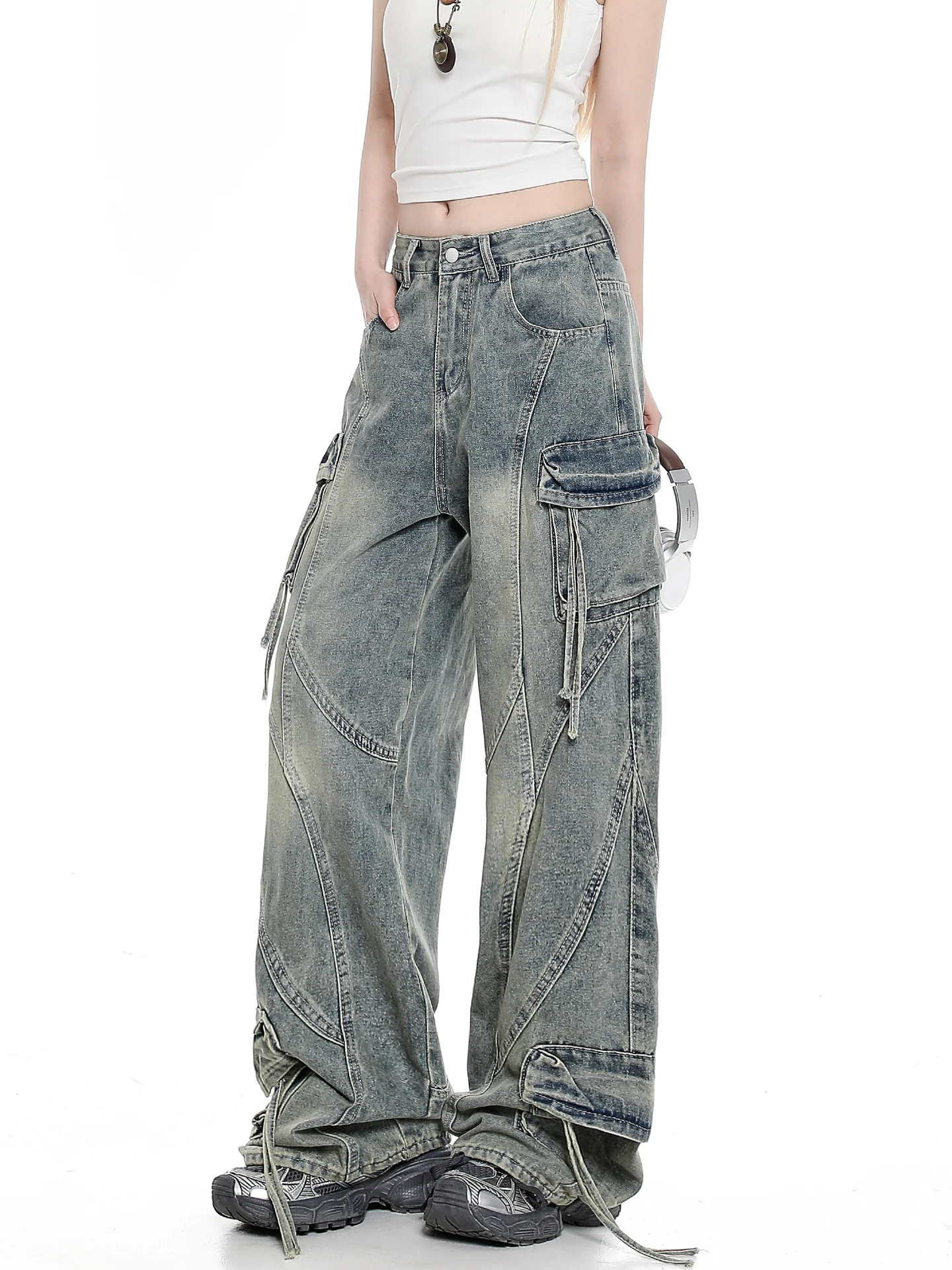American Style Vintage Multi-Pocket Belted Workwear Jeans Women's Loose High Waist Cotton Pants Autumn Fashion Slimming Wide Leg