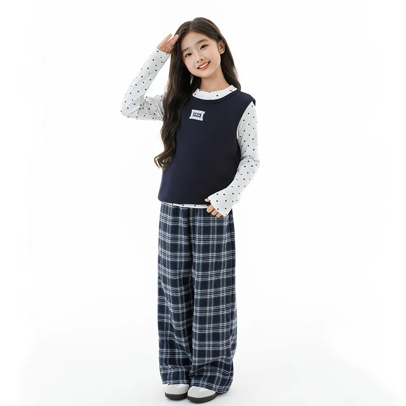 

Children Girls 3pcs Outfit Autumn Dot Printed Undershirt+Vest+Plaid Wide Leg Pant Junior Girls Sets Teenager Girls Casual Suits