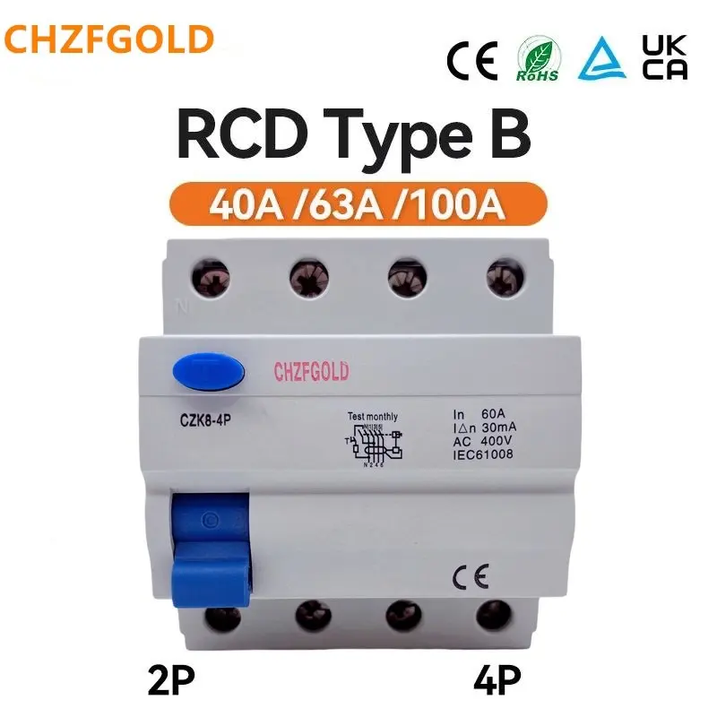 CHZFGOLD 4P B Type 240V RCCB Earth Leakage Current breaker AC/DC RCD 16 20A 32A 40A 50A 63A 30mA 100mA 300mA EV & PV system UPS