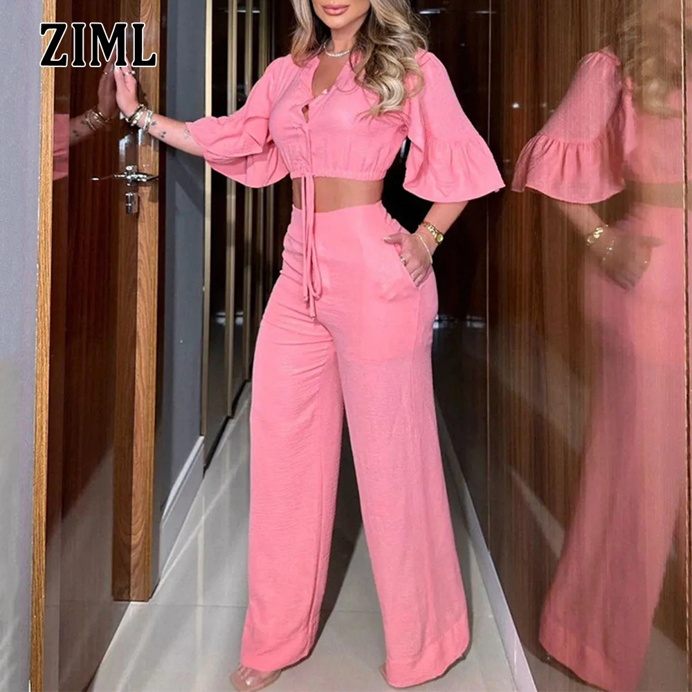 

ZIML Solid Chic Two Piece Sets For Women Lapel Half Sleeve Short Tops High Waist Spliced Pockets Pants Minimalist Set Female New