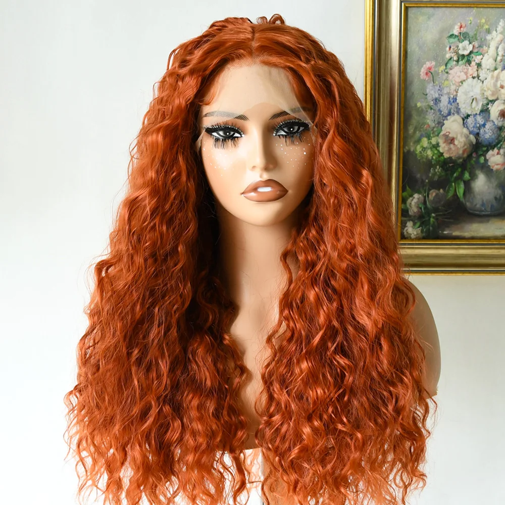 الزنجبيل مجعد الدانتيل الجبهة الباروكات طويلة غلويليس موجة عميقة الاصطناعية الدانتيل الباروكات الأمامية البرتقال الزنجبيل شعر مستعار الجزء الأوسط شعر مستعار مجعد فضفاض