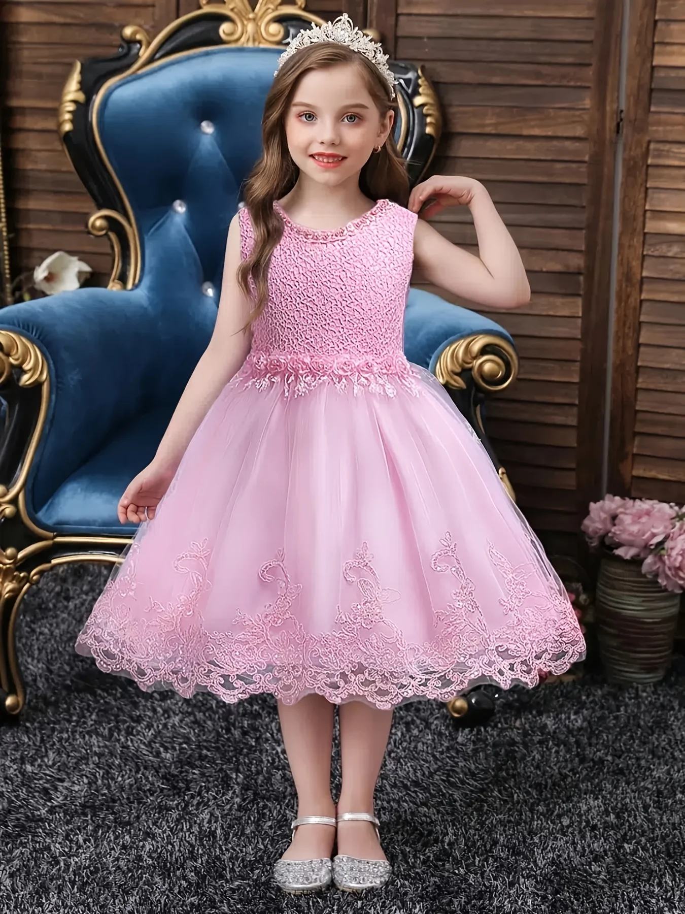 Girls Sleeveless Lace Floral Princess Dresses#981