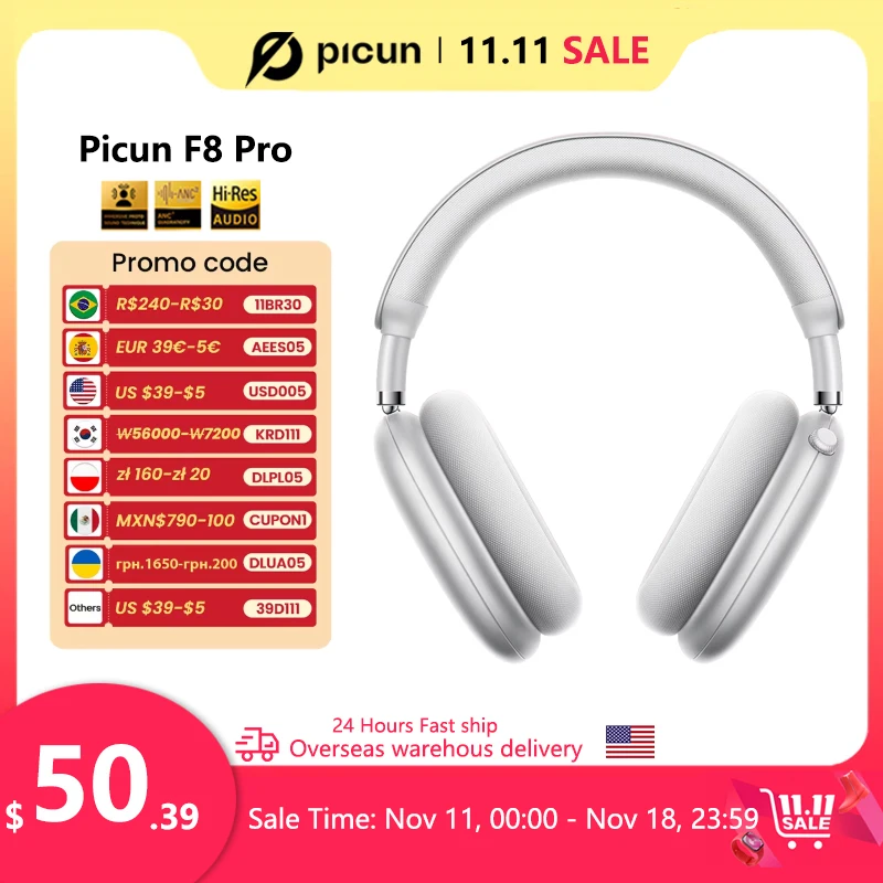 Picun F8 Pro ANC Wireless Headphones 3D Spatial Audio Head Tracking -52dB ANC HIFI Bluetooth Headset ENC HD Mic Low-Latency APP