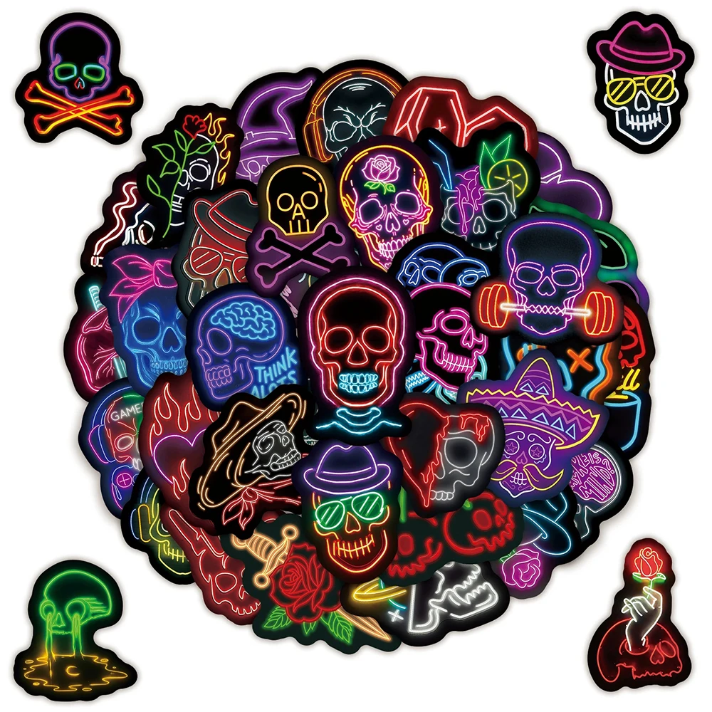 10/30/50pcs Neon Light Horror Skull Cartoon Stickers Cool Waterproof Decals DIY Guitar Luggage Scrapbook Funny Graffiti Sticker