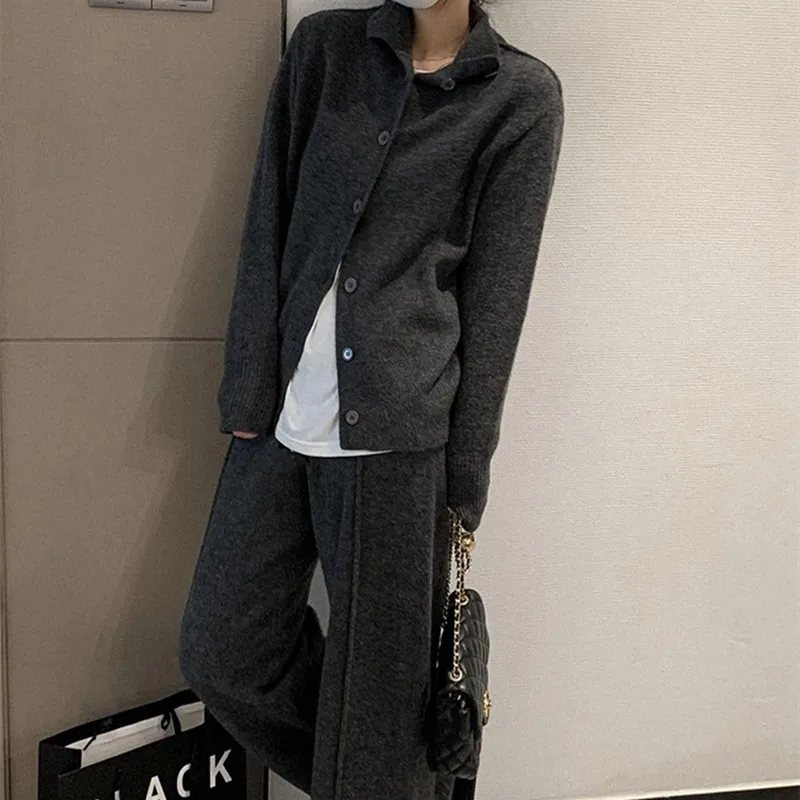 Autumn Winter Knitted Cardigan Women Loose Sweater Slit Knit Trousers Two Piece Set Office Lady Wide Leg Pants Lace Up E12293