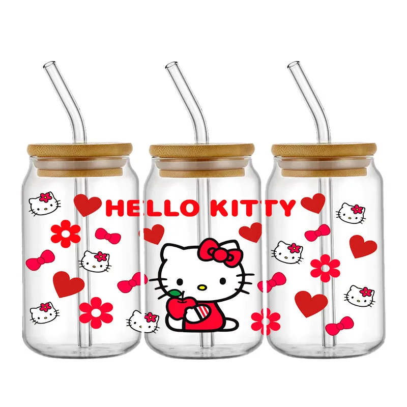 Autocollant de transfert de dessin animé Hello Kitty, 16OZ UV DTF, enveloppes de tasse, transferts étanches, décalcomanies pour tasse en verre de 16oz, autocollants ronds