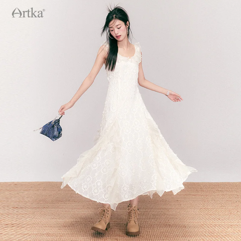 ARTKA 2023 Summer New Women Dress Elegant Lace Embroidery Sleeveless White Dresses Ruffles V-Neck A-Line Long Dress LA92436X