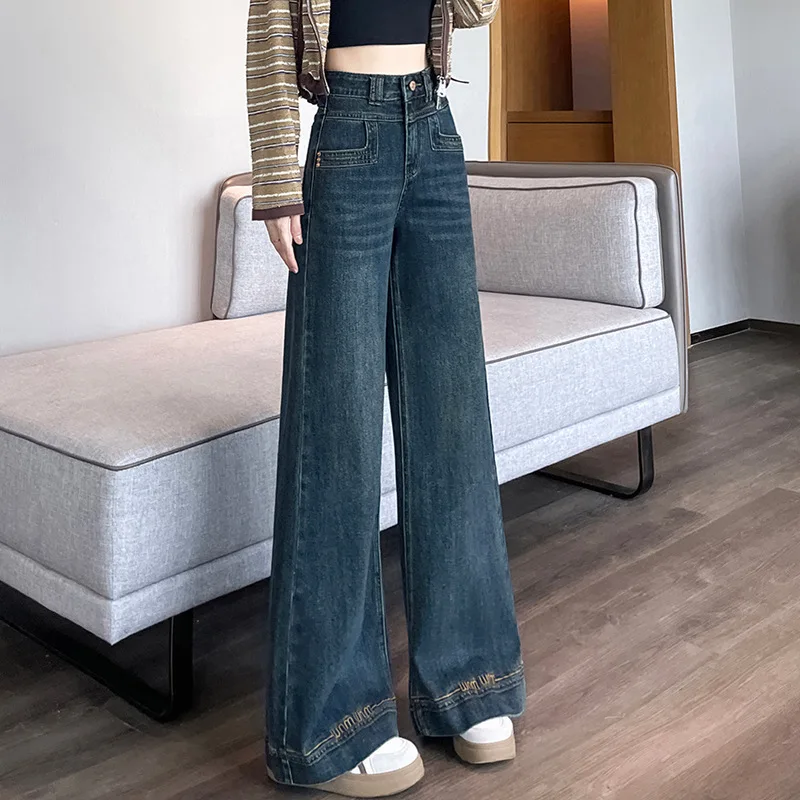 Retro Wide Leg Jeans for Women in Spring and Autumn Without Sticking Legs New Double Button High Waist Design Slimming and Wide view 2
