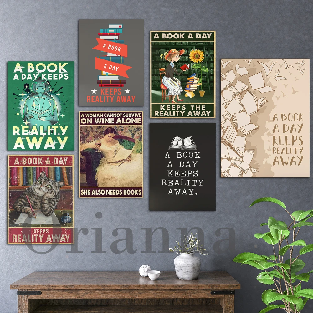 

A Book A Day Keeps Reality Away Poster, Vintage Wall Art, Book Lover Print,Reading Poster, Library Decor, Girl Love Reading Gift