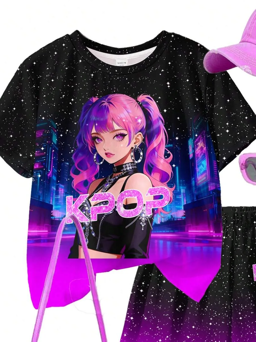 Mädchen-Set im K-Pop/Anime-Stil mit schwarz-violetter Sternenverlauf-Farbverlaufung: T-Shirt mit Allover-Print „Starry Girl“ + Mid-L-Shorts mit Farbverlauf – Detail 3