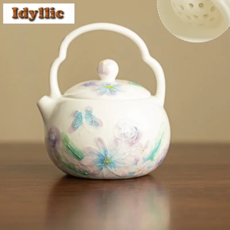 

170ml Hand-painted Butterfly Lifting Handle Teapot Japanese Tea Infuser Pot Tea Maker Kettle With Ball Hole Chinese Teaset Craft