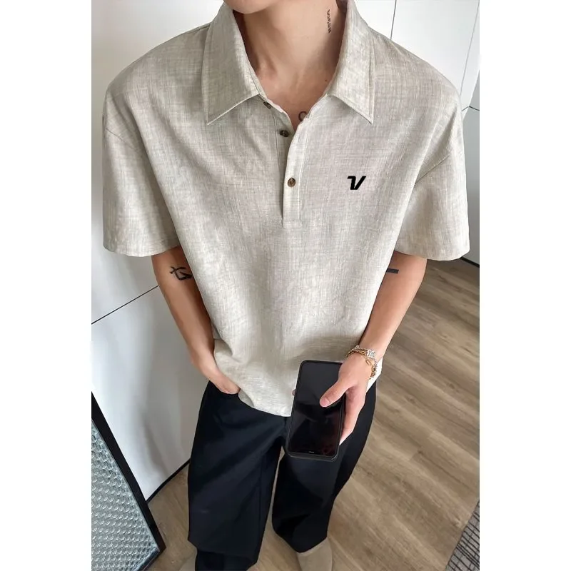 Men's Golf T-shirt Men's Summer New Linen Breathable Casual Short-sleeved Top Lapel Slim Casual T-shirt Golf Clothing