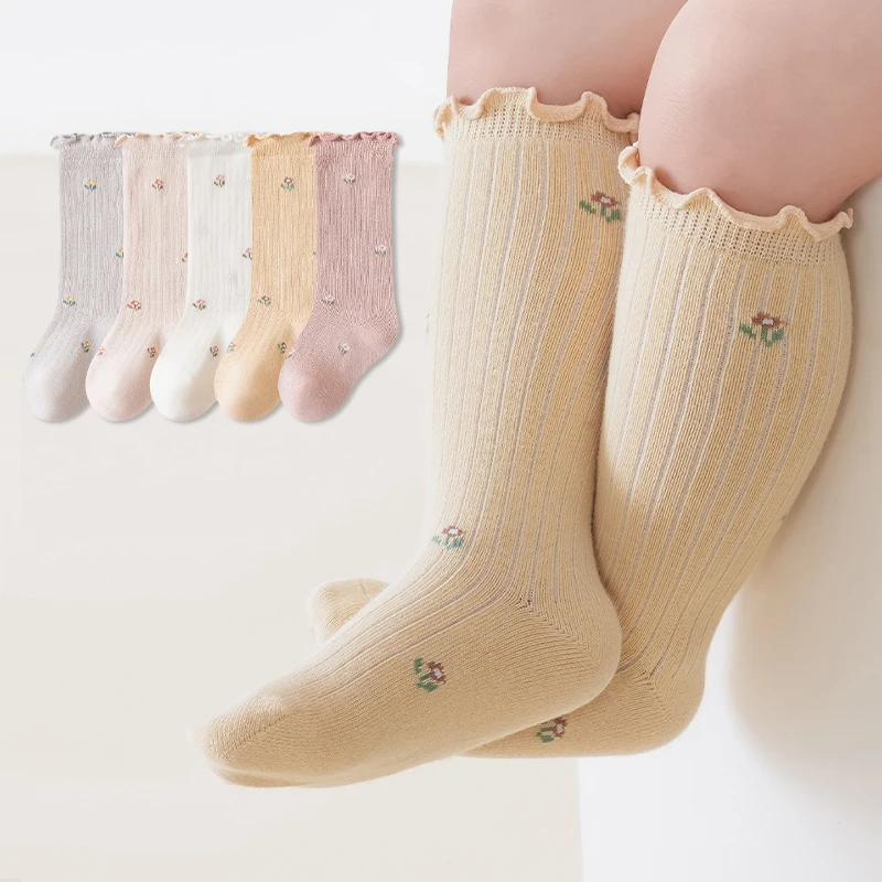 3 Pairs Newborn Girls Socks Sweet Ruffled Frill Long Baby Girls Socks Tiny Floral Print Princess Girls Socks for Infant Toddler