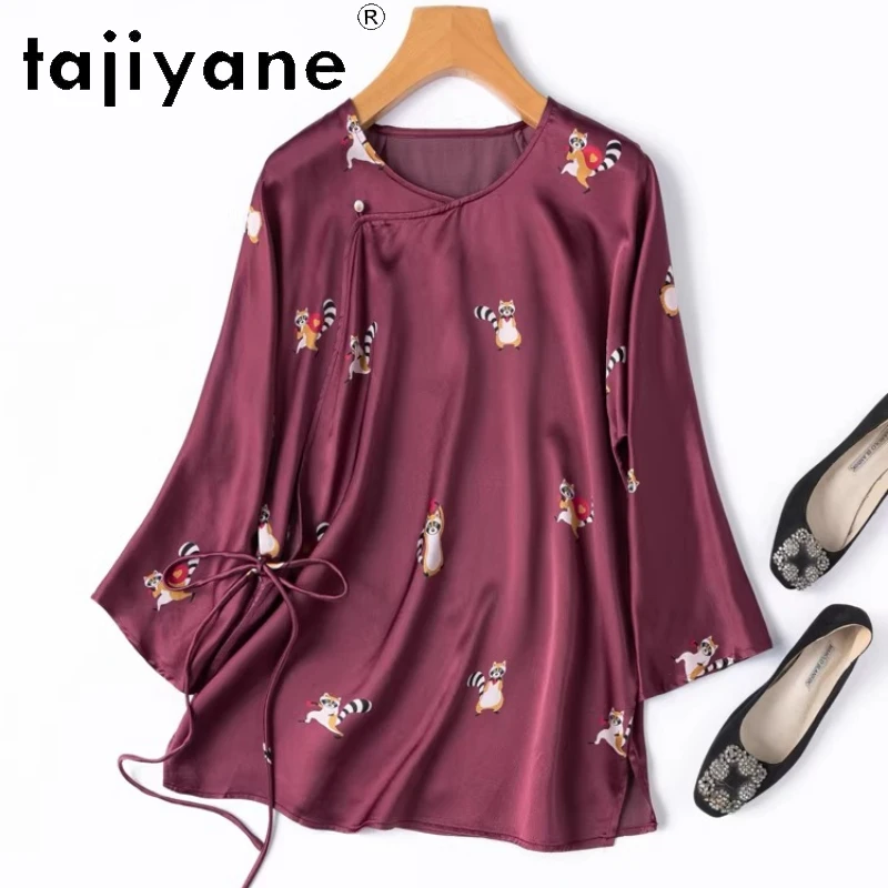 

TAJIYANE 21MM 100% Шелковая блузка из тутового шелкопряда для женщин, стильная рубашка с принтом енота, с круглым вырезом, премиум-класса, женские топы, весенняя коллекция 2026