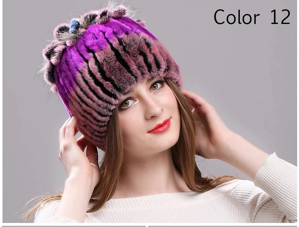 Strickmütze für Damen, 100 % echte Rex-Kaninchenfellmütze mit Blumen, Oberteile, warme, hochwertige Beanie-Damenmütze aus echtem Pelz für den Winter – Detail 31