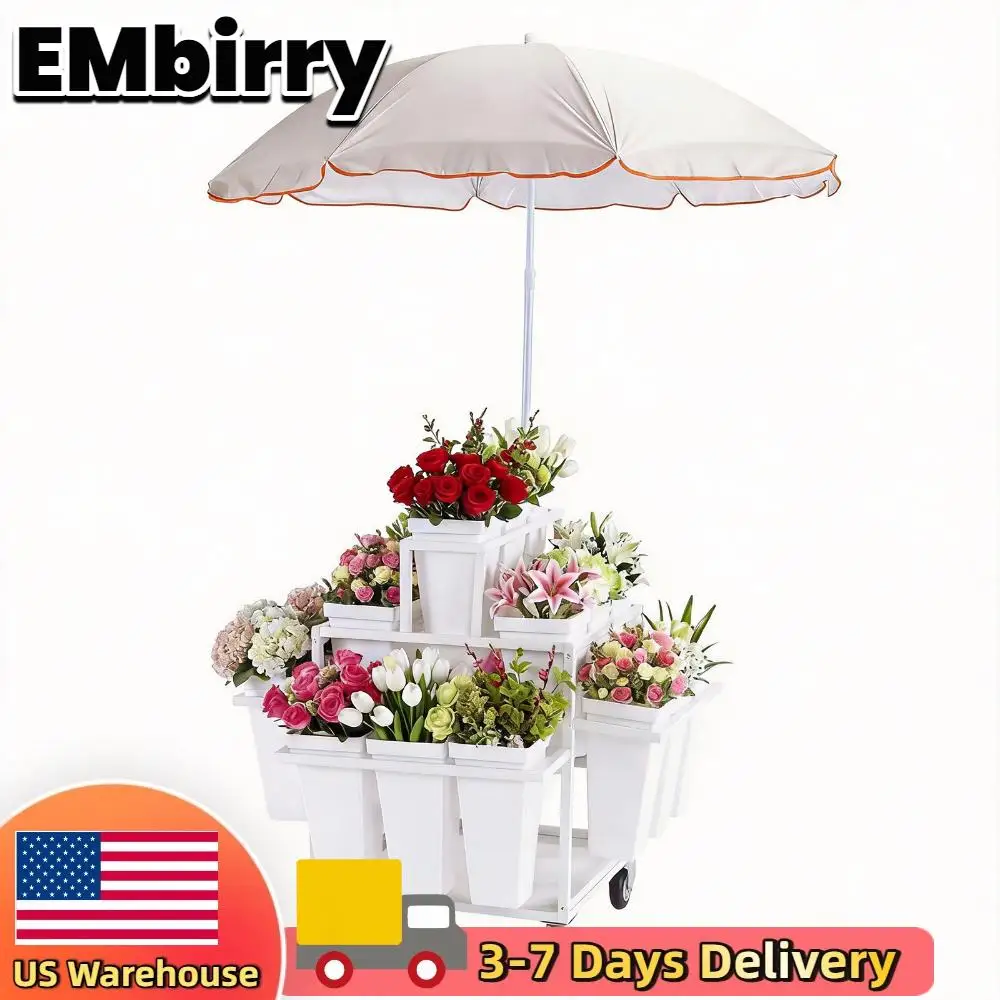 

Стеллаж-тележка для цветов с 18 ведрами, усиленная, передвижная, на колесах, с зонтом, для использования в помещении, на террасе, в саду, дома