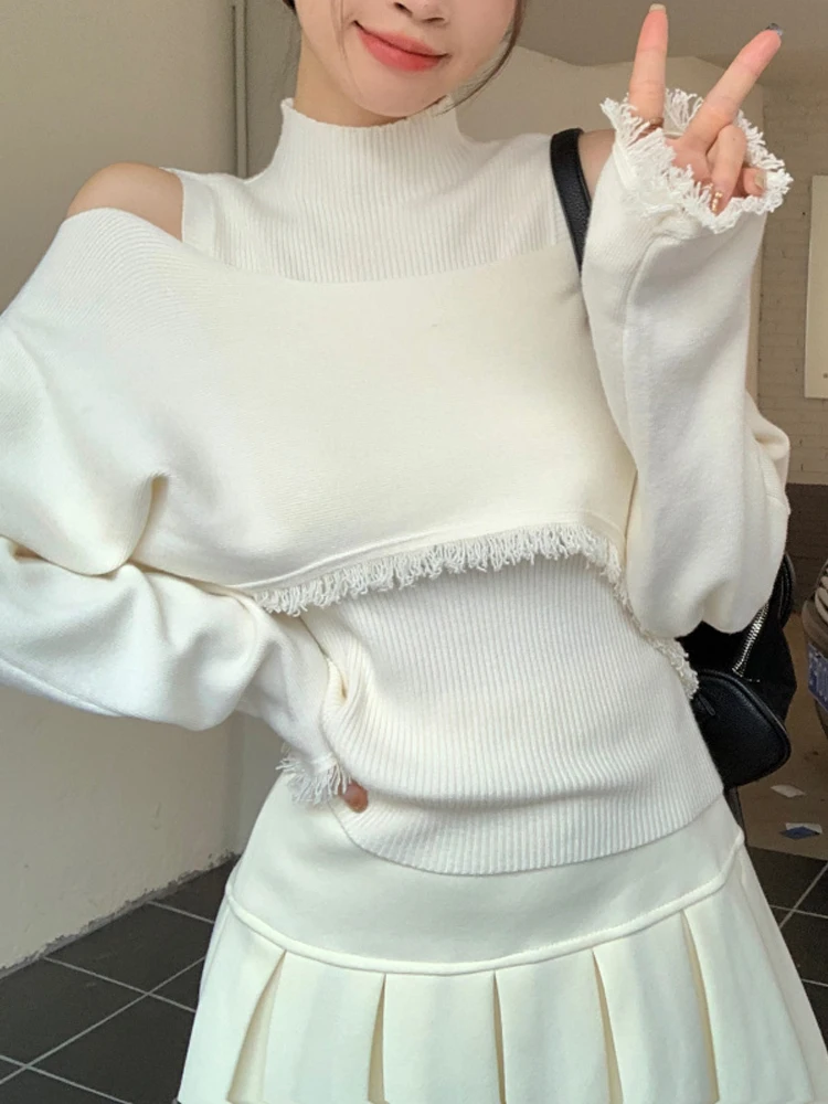 

Y2K Knitted Sweater Women Hotsweet Off Shoulder Pullovers Female Vintage Cropped Two Piece Set Lady Korean Chic Long Sleeve Tops