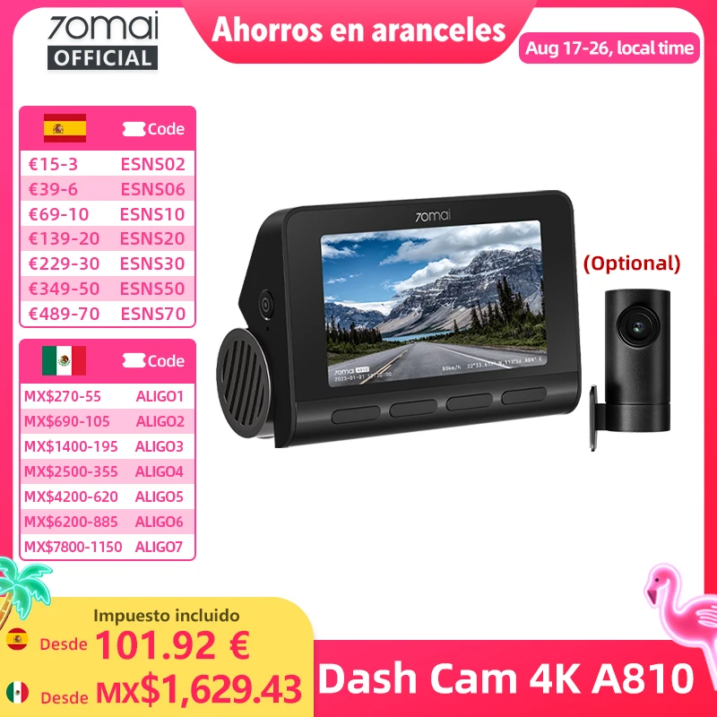 Imagen de Cámara para Auto 70mai 4K A810, Juego Delantero y Trasero, Compatible con Módulo 4G LTE UP04, Control Remoto, GPS, ADAS, DVR para Auto 70mai A810