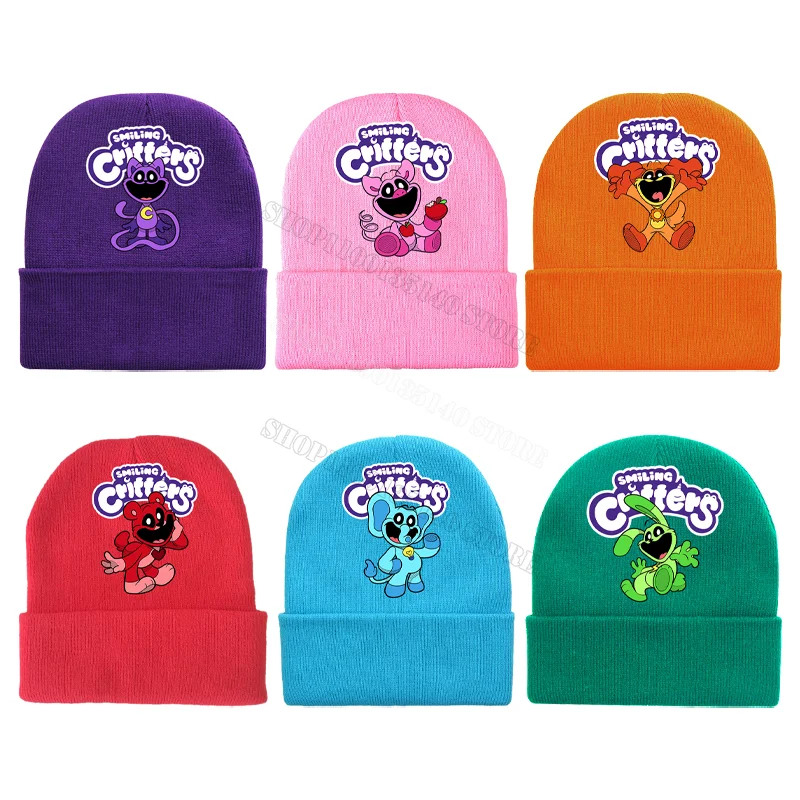 Smilings Critters Knitted Hat Anime Print Decoration Cartoon Children Adult Knit Cap Cute Winter Warm Beanies Casual Hat Gifts