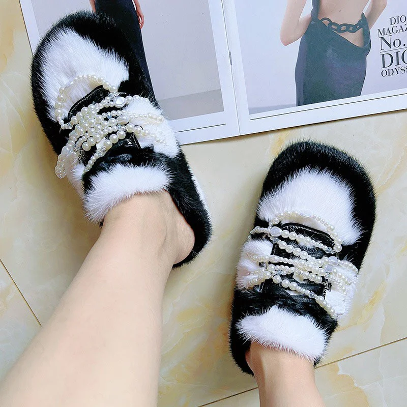 

Fashion Women's Pearl Chain Slippers High Quality Mink Hair Autumn Leisure Outdoor Plush Baotou Shoes 2023 European Station New